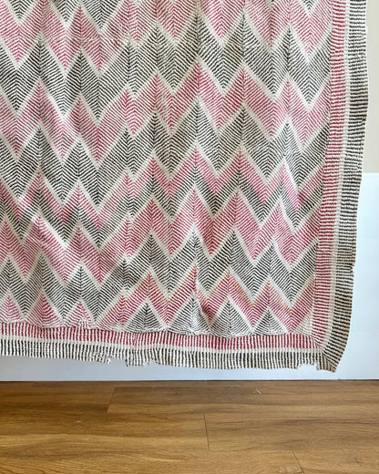 Heavy Vintage Lohori Kantha Quilt in Pink and Black Zig Zags - Biggs & Hill