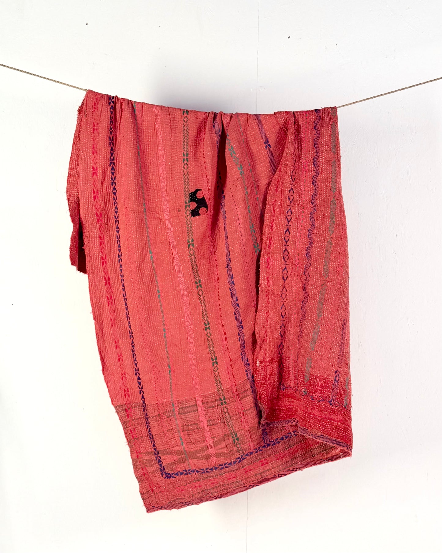 Textured and Embroidered Vintage Kantha Quilt In Deep Pink