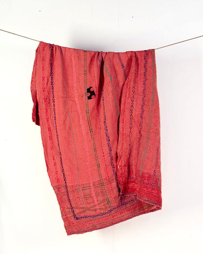 Textured and Embroidered Vintage Kantha Quilt In Deep Pink