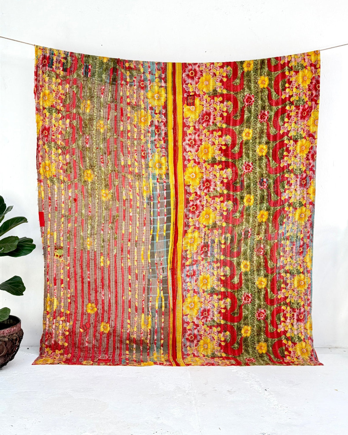 Extra Large Fine Stitched Vintage Kantha Quilt in Red and Yellow - Biggs & Hill