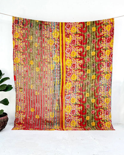 Extra Large Fine Stitched Vintage Kantha Quilt in Red and Yellow - Biggs & Hill