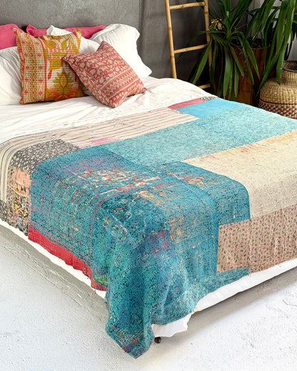Textured Vintage Kantha Quilt in Patchwork Pink, Orange and Blue - Biggs & Hill