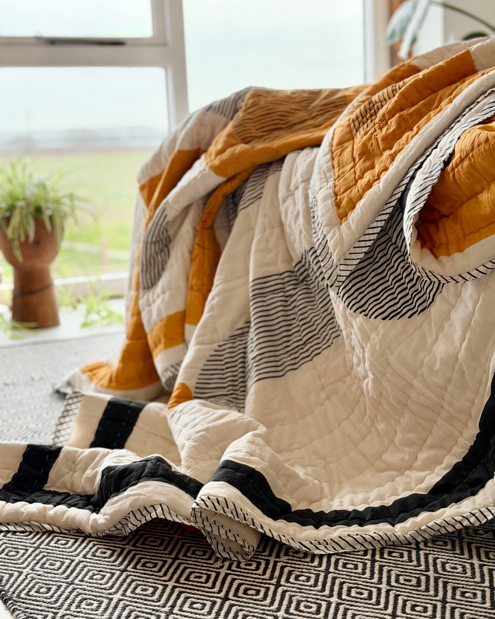 Quilted Kantha In Black, White and Orange With Geometric Squares - SUPER KING - Biggs & Hill