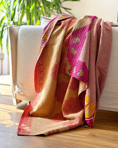 Large Fine Stitched Vintage Kantha Quilt in Pink and Peachy Orange - Biggs & Hill