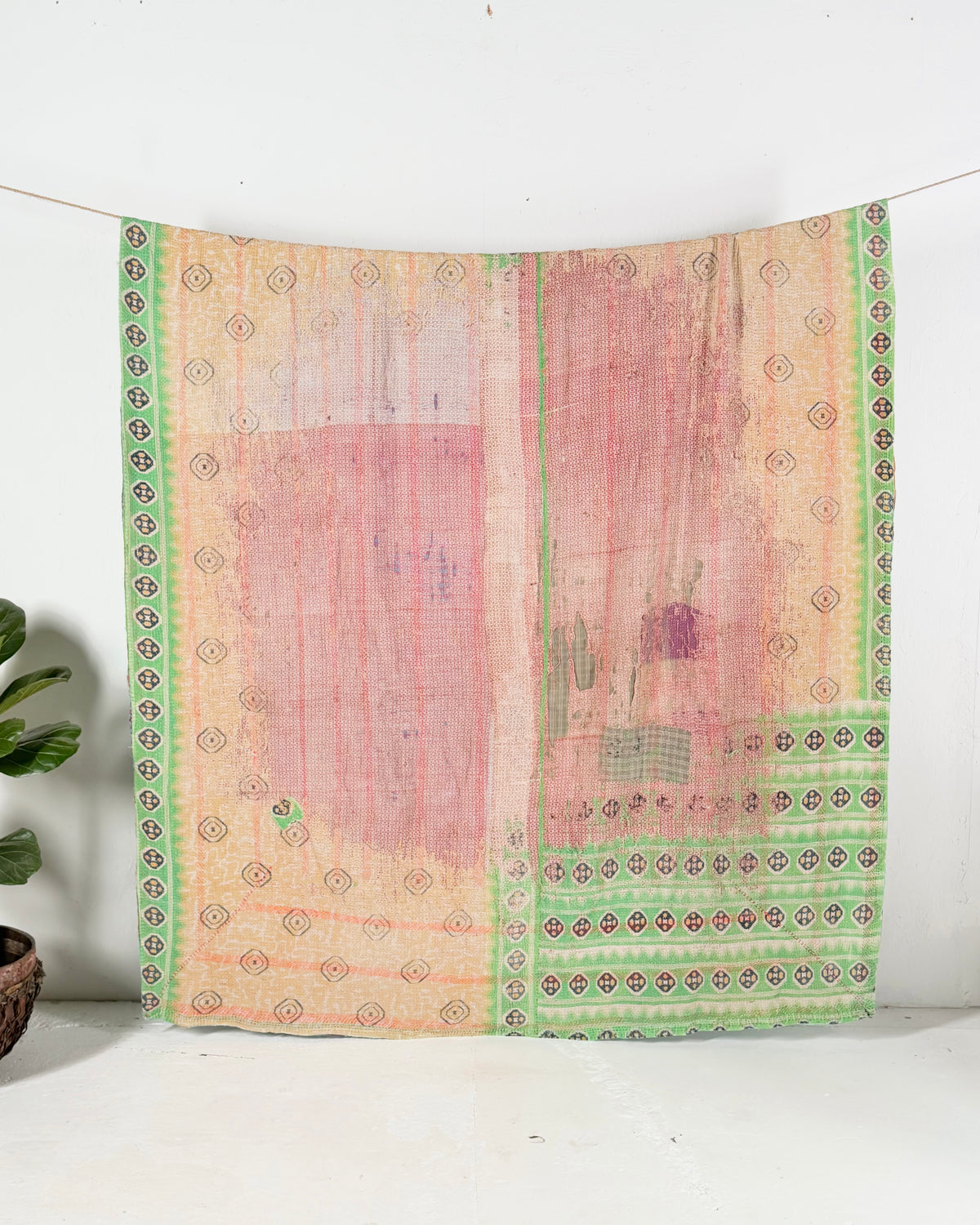 Large Embroidered Vintage Kantha Quilt in Pink, Green and Blue