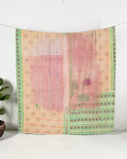 Large Embroidered Vintage Kantha Quilt in Pink, Green and Blue