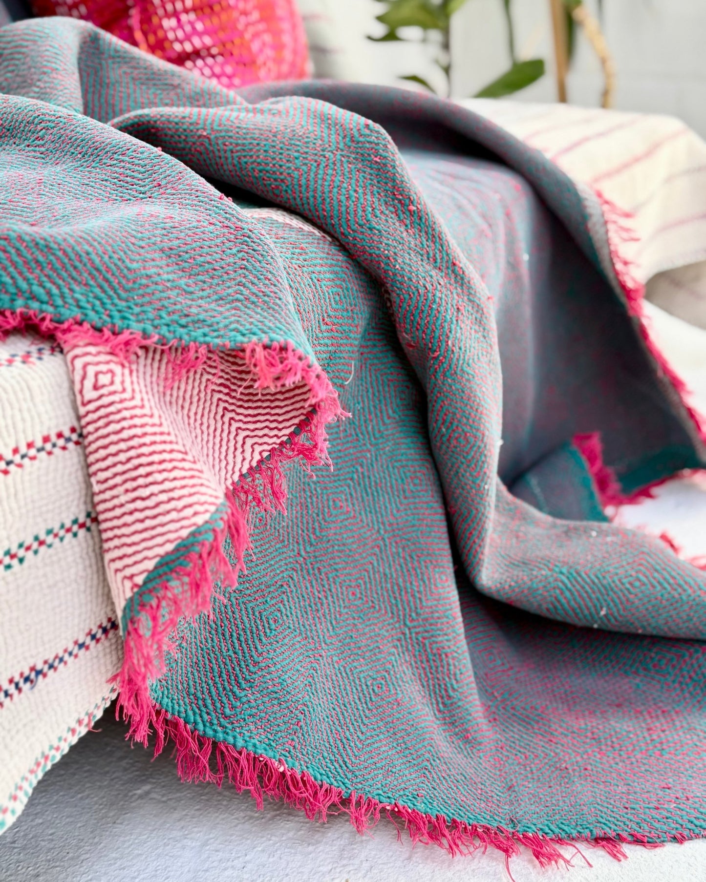 Large Heavy Kantha Blanket Quilt With Lik Phul Stitching In Forest Green and Pink - Biggs & Hill