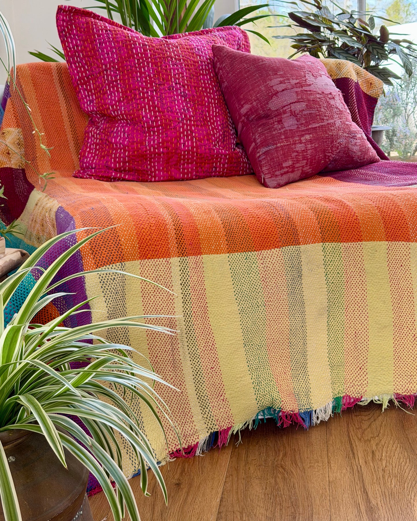 Large Heavy Kantha Blanket Quilt in Pink, Orange and Blue Colour Block
