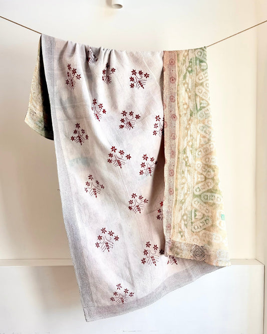 Large Flower Sprig Embroidered Vintage Kantha Quilt in White and Red