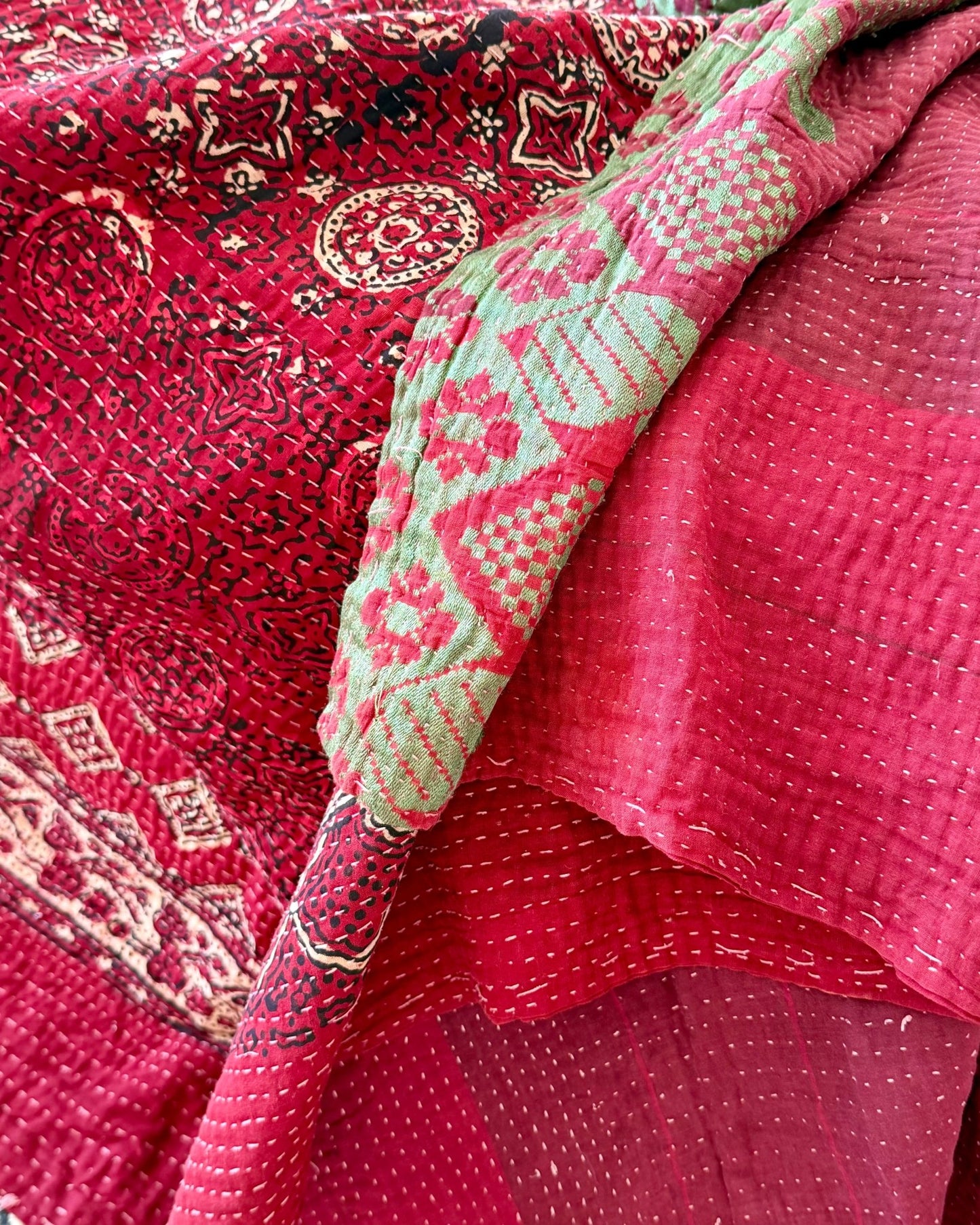 Extra Large Ajrakh Printed Vintage Kantha Quilt In Deep Red - Biggs & Hill