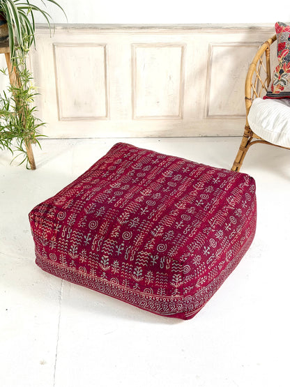 Extra Large Square Pouf Cushion Cover in Dark Red Block Print
