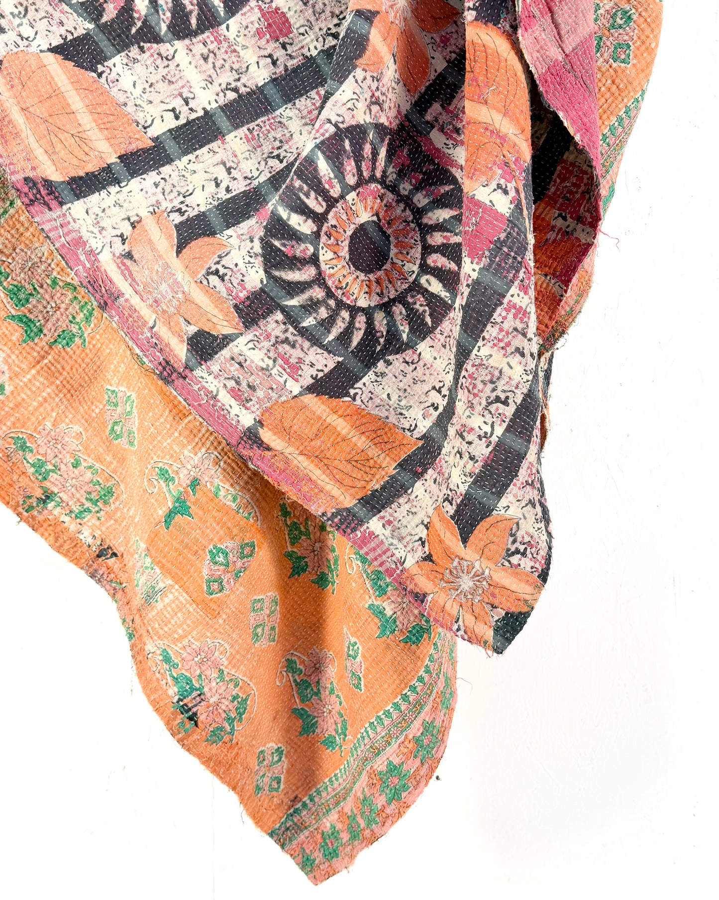 Large Textured Vintage Kantha Quilt in Pink and Blue Patterns