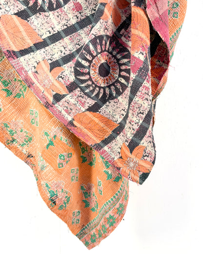 Large Textured Vintage Kantha Quilt in Pink and Blue Patterns