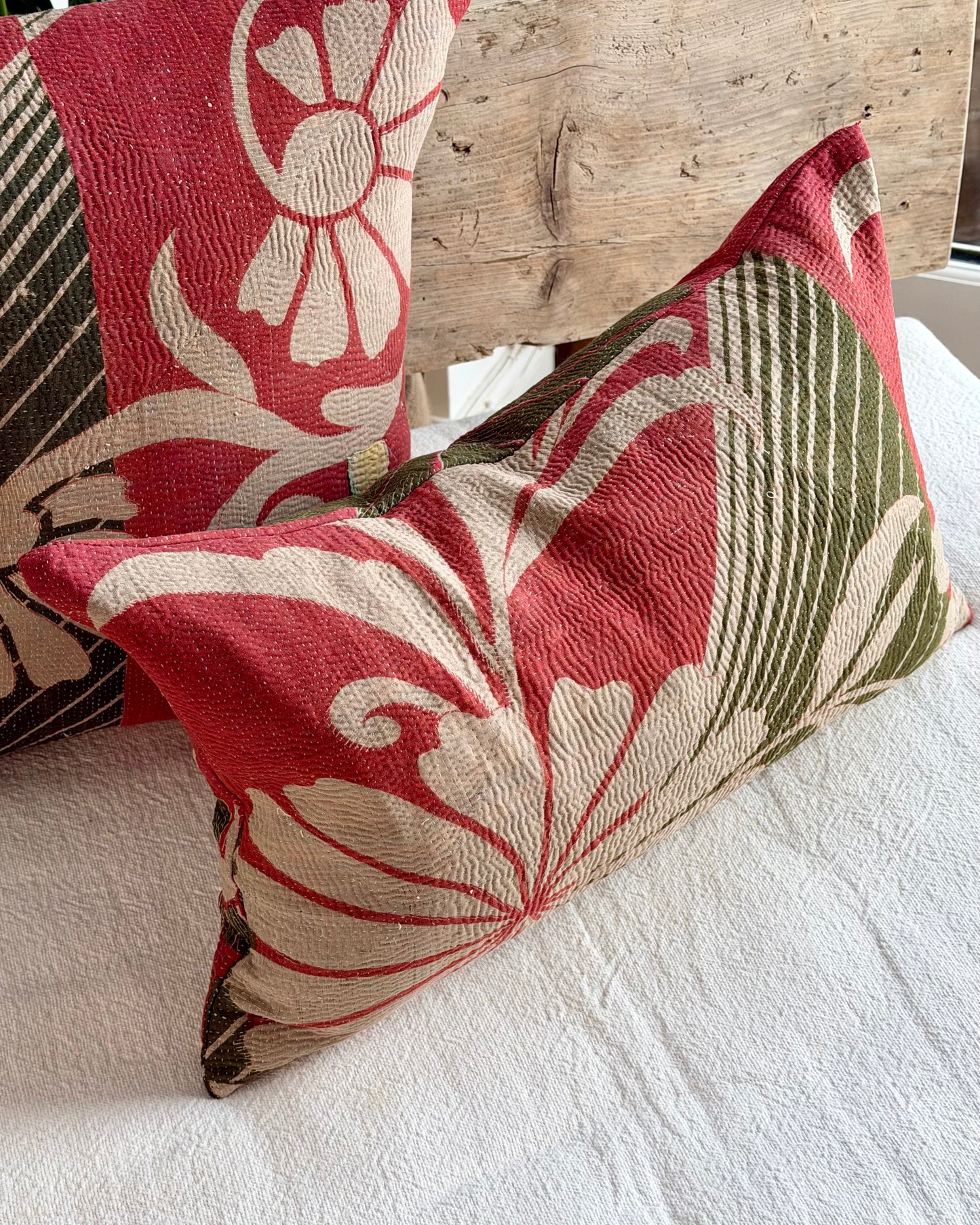 Vintage Kantha Cushion In Forest Green and Pink - Small Rectangular