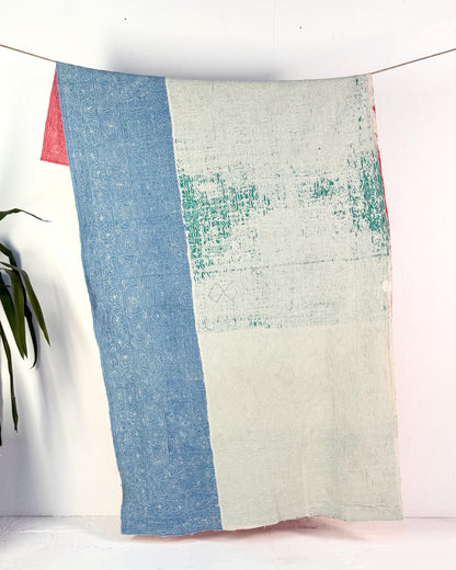 Embroidered Sujini Vintage Kantha Quilt In Faded Pink With Bengali Writing