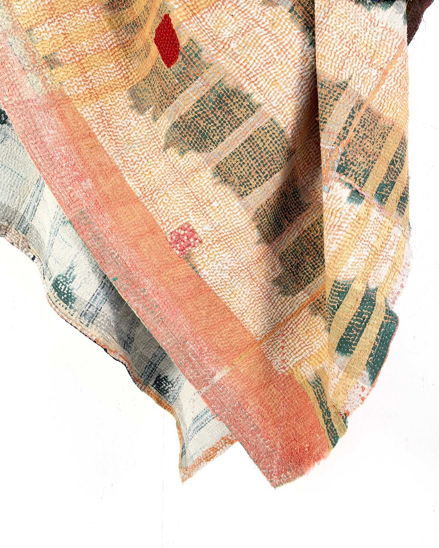 Large Textured Vintage Kantha Quilt in Pastel Pink and Blue