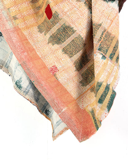 Large Textured Vintage Kantha Quilt in Pastel Pink and Blue