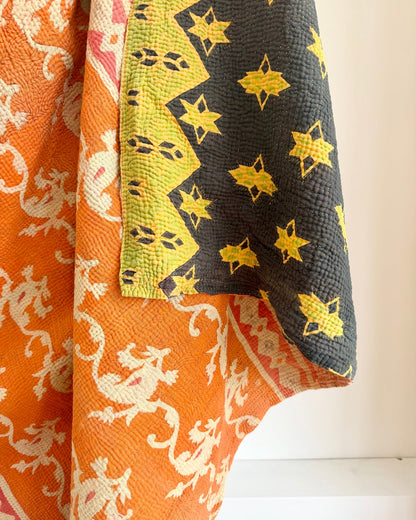 Large Fine Stitched Vintage Kantha Quilt In Orange, Black and Green - Biggs & Hill