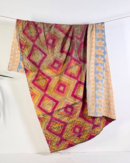 Large Textured Vintage Kantha Quilt in Geometric Pink and yellow - Biggs & Hill