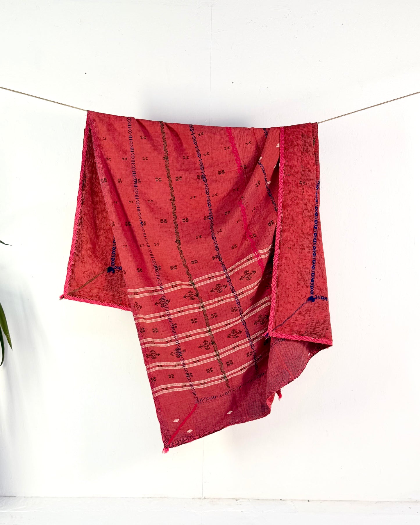 Extra Large Embroidered Vintage Kantha Quilt in Deep Red