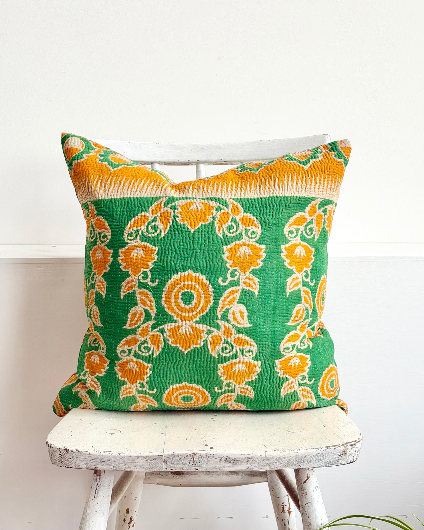 Vintage Kantha Cushion In Green and Orange- 45cm Square