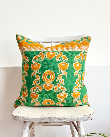 Vintage Kantha Cushion In Green and Orange- 45cm Square