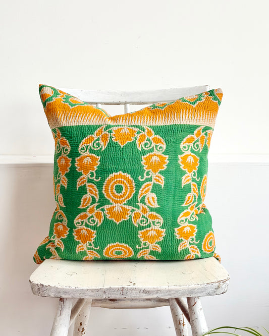 Vintage Kantha Cushion In Green and Orange- 45cm Square