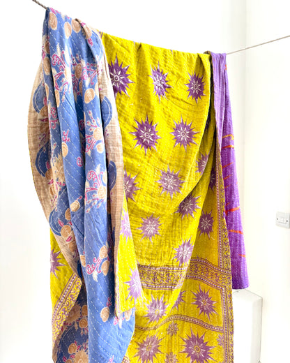 Vintage Cotton Kantha Quilt In Purple and Yellow #41