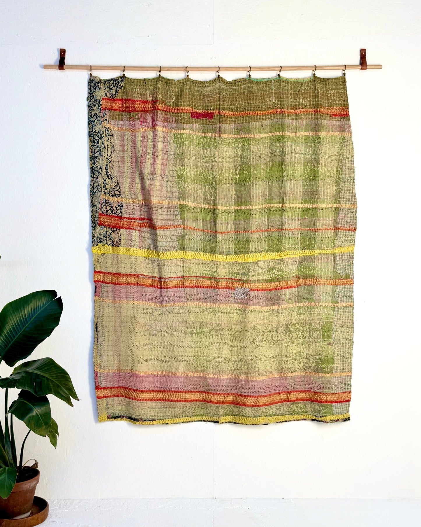 Textured Vintage Kantha Quilt In Green and Gold - Biggs & Hill