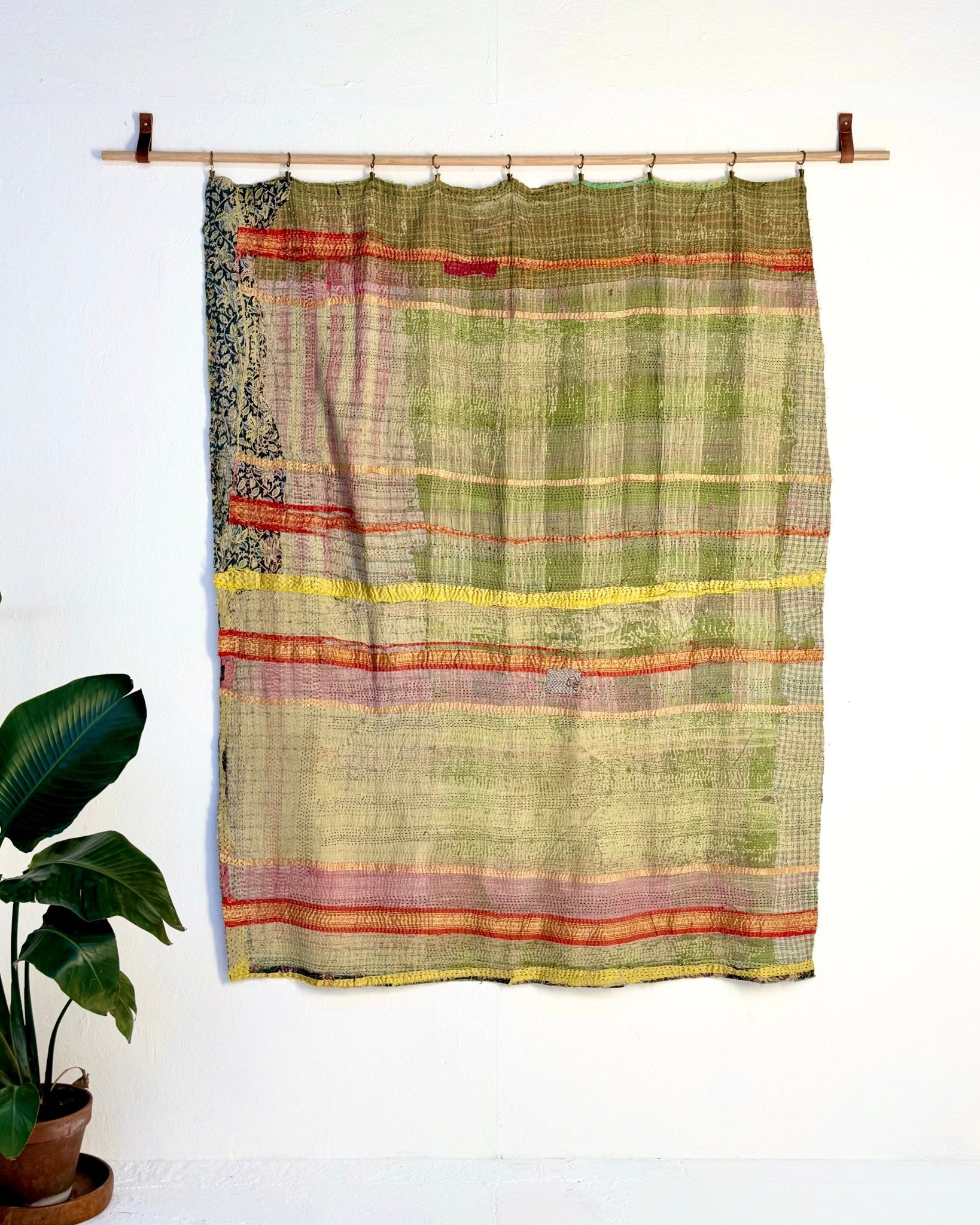 Textured Vintage Kantha Quilt In Green and Gold - Biggs & Hill