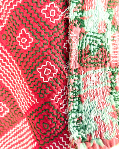 Heavy Vintage Galicha Kantha Quilt In Pink and Green