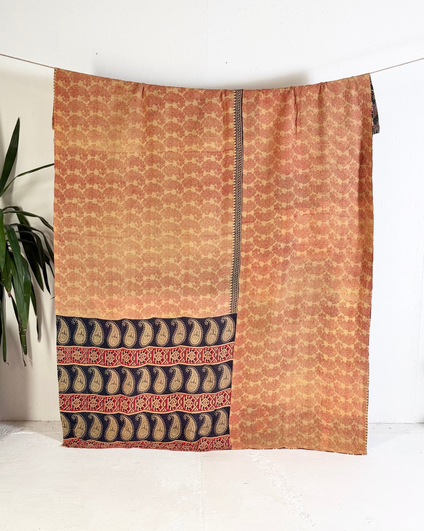 Large Fine Stitched Vintage Kantha Quilt in Pinks, Burgundy and Yelllows - Biggs & Hill