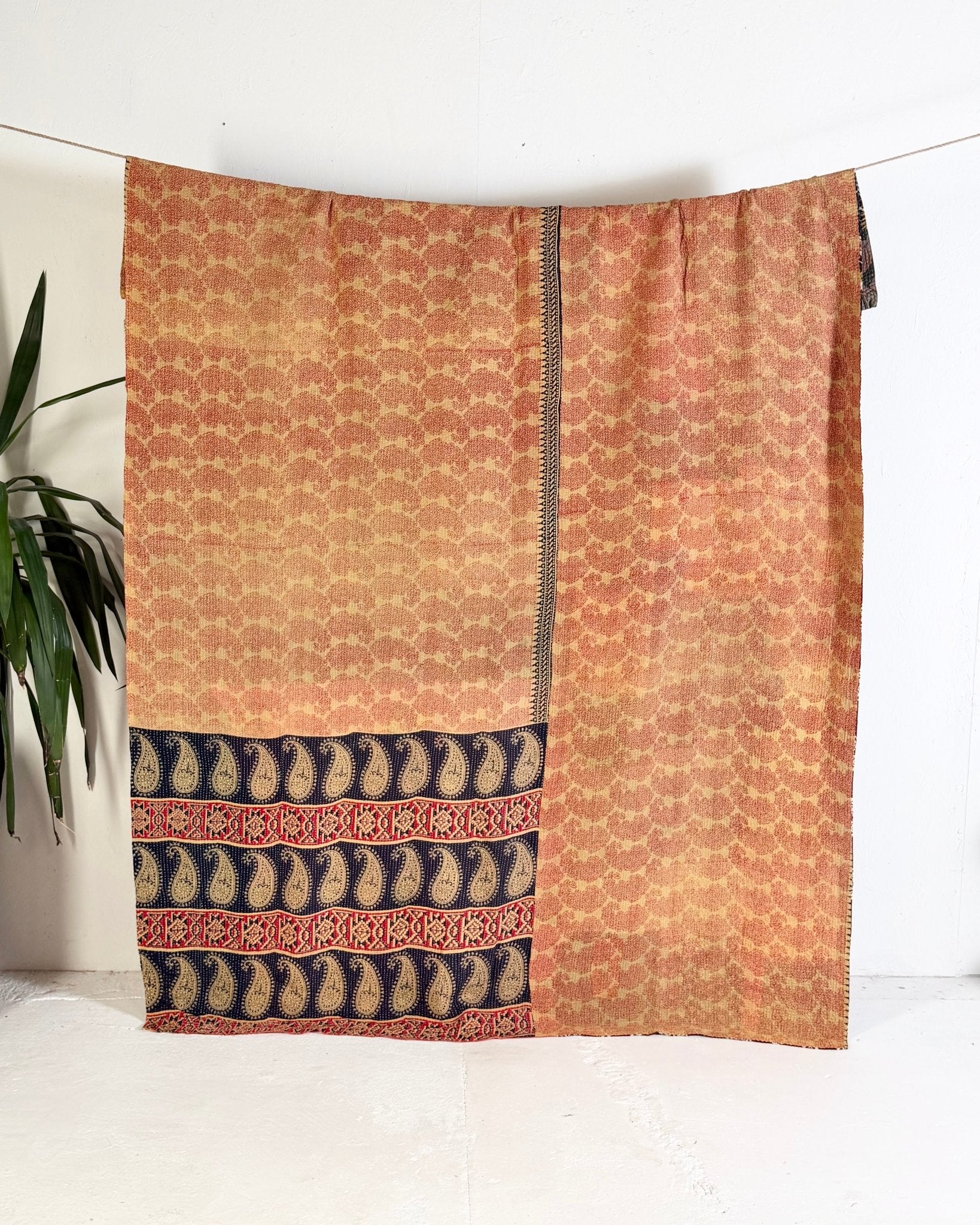Large Fine Stitched Vintage Kantha Quilt in Pinks, Burgundy and Yelllows - Biggs & Hill
