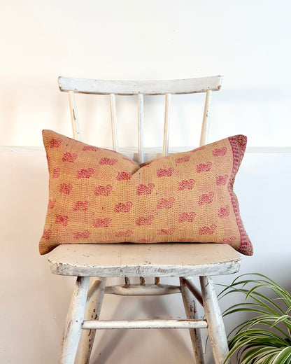 Vintage Kantha Cushion In Pink and Beige - Small Rectangular