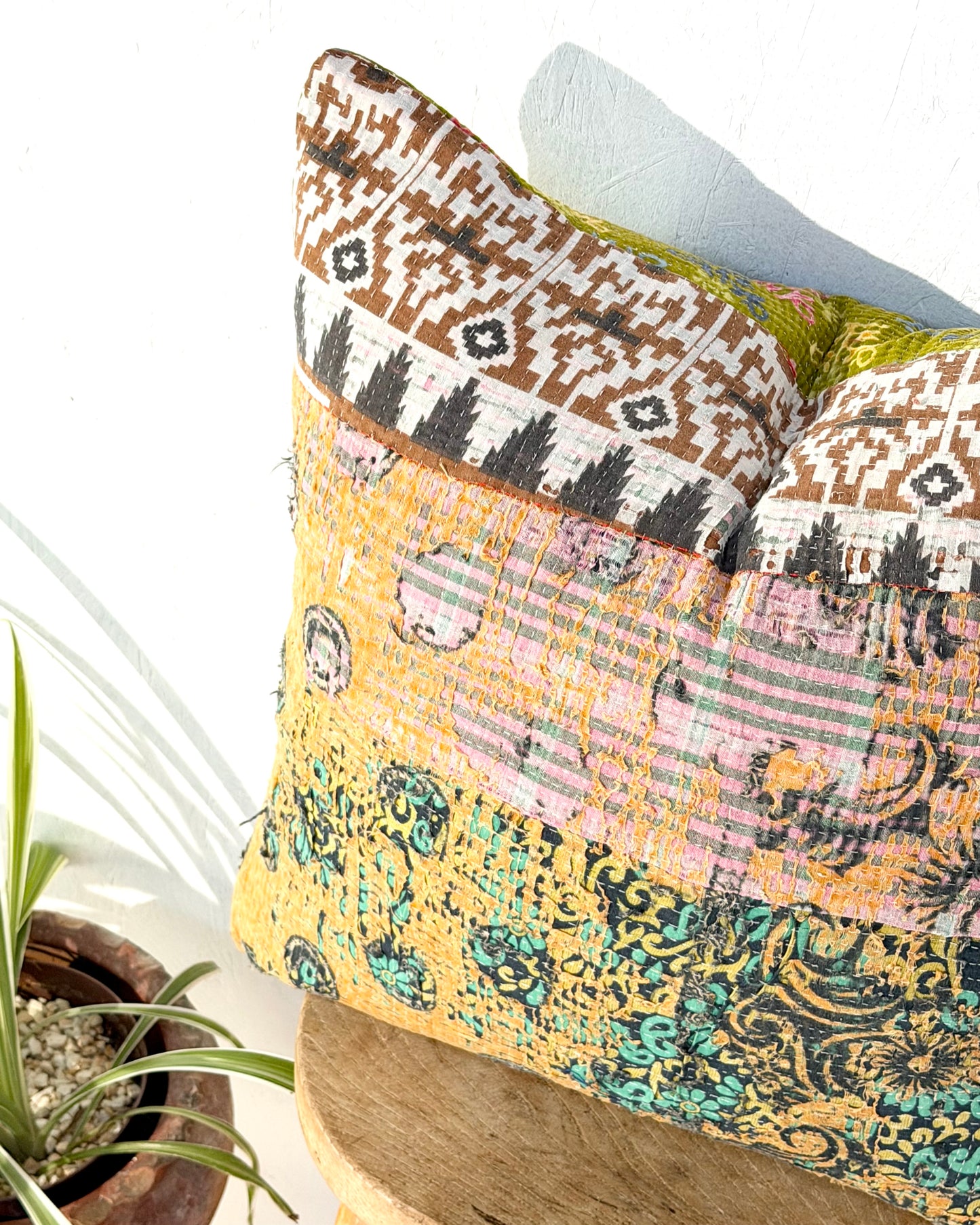Handmade Vintage Kantha Cushion Cover In Textured Orange and Green - 50cm Square
