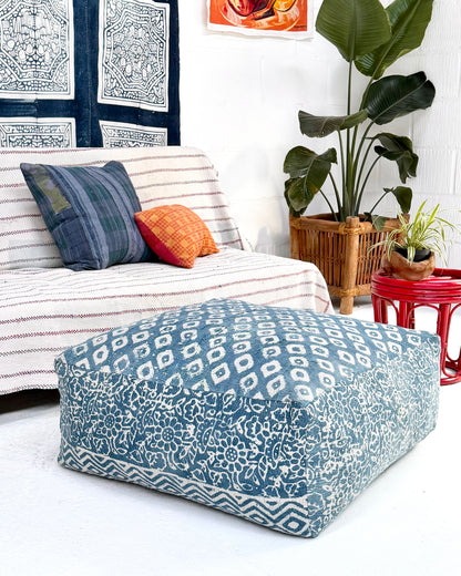 Extra Large Square Kantha Pouf Cushion Cover in Indigo Block Print