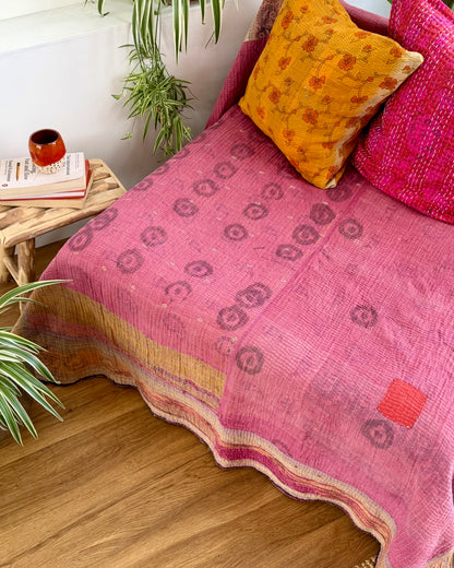 Extra Large Fine Stitched Vintage Kantha Quilt in Pink And Yellow