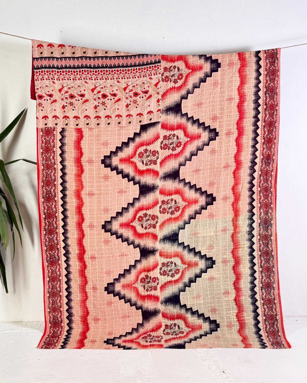 Extra Large Fine Stitched Vintage Kantha Quilt in Geometric Red and Yellow - Biggs & Hill