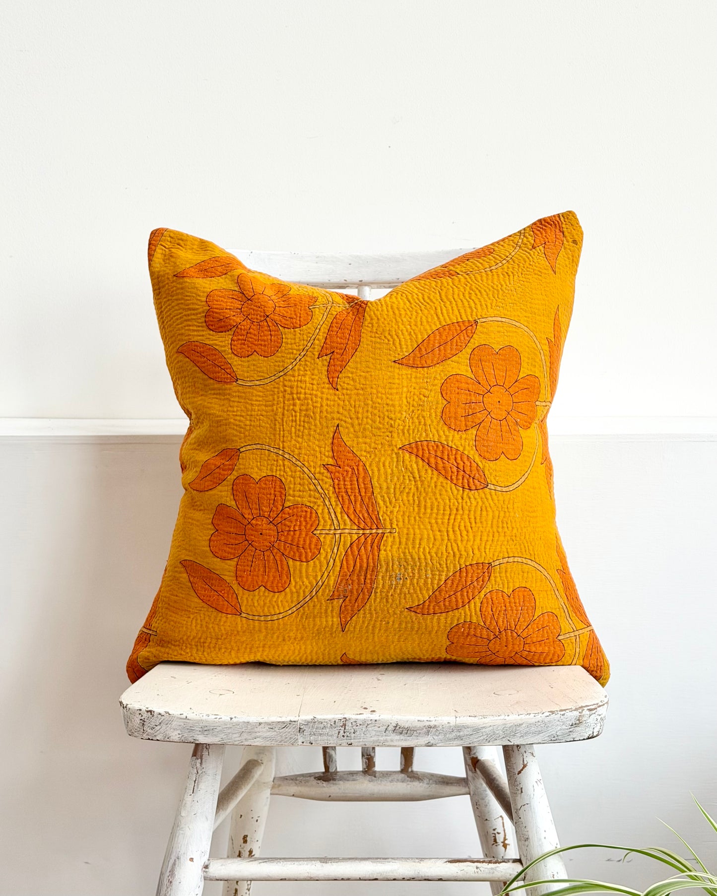 Vintage Kantha Cushion In Yellow Floral - 45cm Square