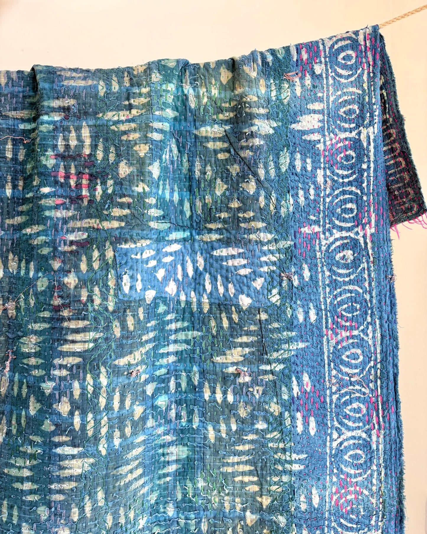 Project Kantha Quilt: Indigo Print With Authentic Aged Texture - Biggs & Hill