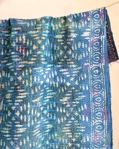 Project Kantha Quilt: Indigo Print With Authentic Aged Texture - Biggs & Hill
