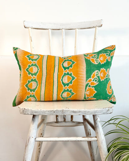 Vintage Kantha Cushion In Green and Orange - Small Rectangular