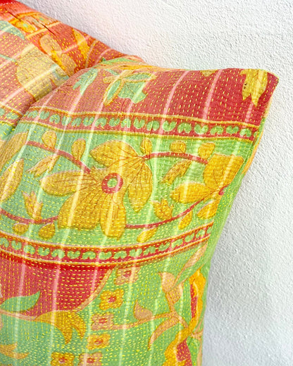 Handmade Reversible Vintage Kantha Cushion Cover In Green and Yellow - 45cm (18") - Biggs & Hill