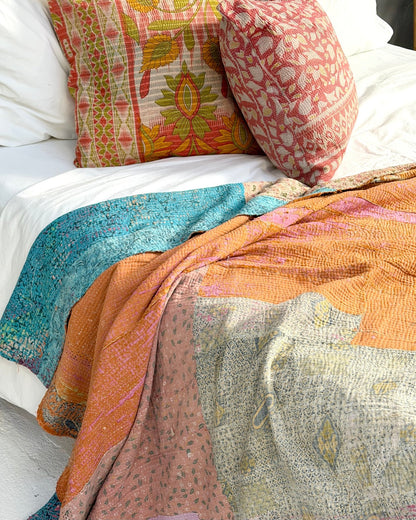 Textured Vintage Kantha Quilt in Patchwork Pink, Orange and Blue - Biggs & Hill