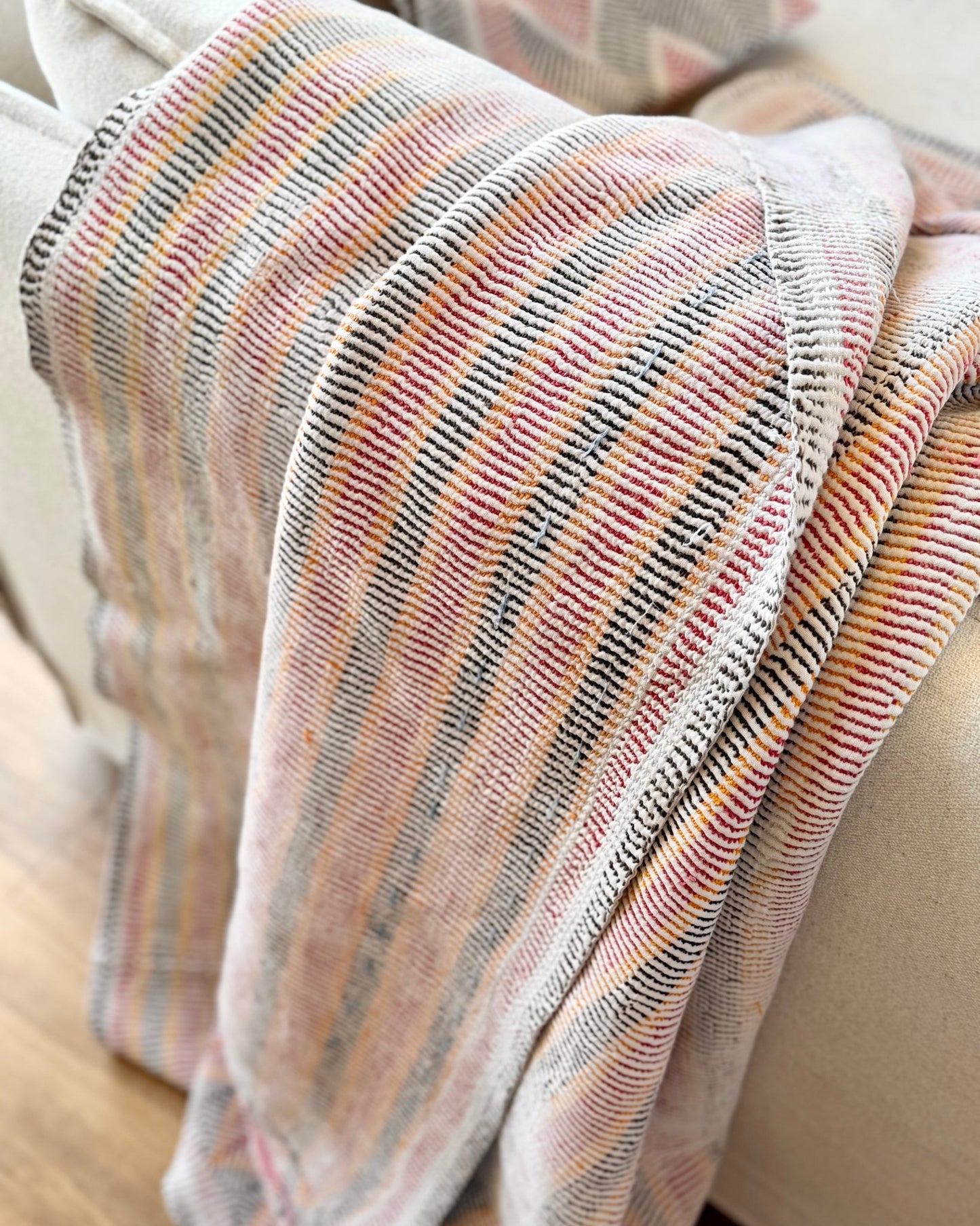 Small Heavy Vintage Lohori Kantha Quilt in Pink and Yellow Stripes - Biggs & Hill