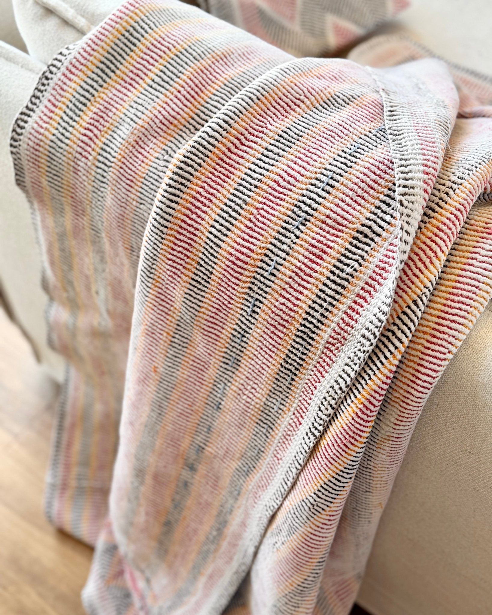 Small Heavy Vintage Lohori Kantha Quilt in Pink and Yellow Stripes - Biggs & Hill