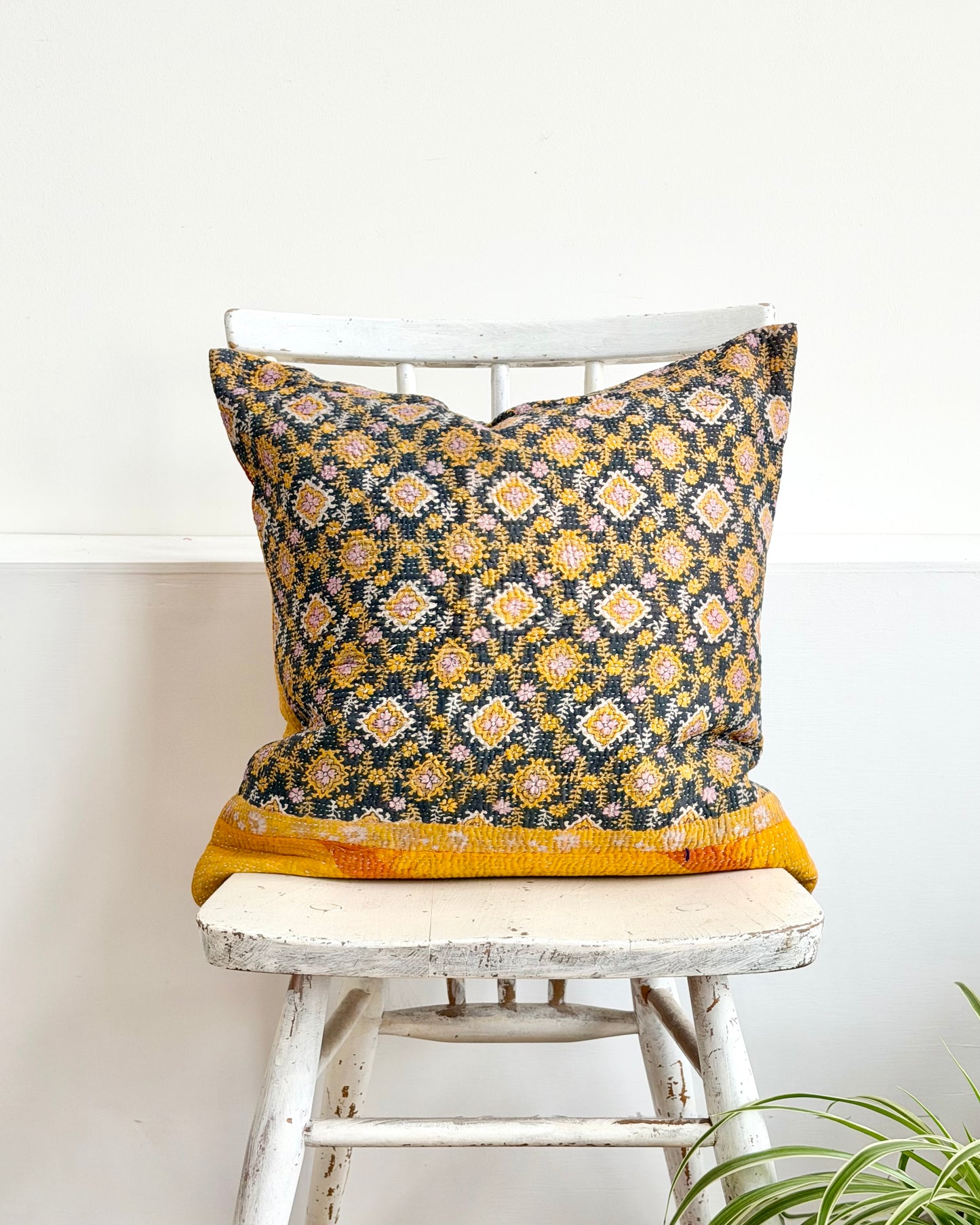 Vintage Kantha Cushion In Yellow and Blue - 45cm Square