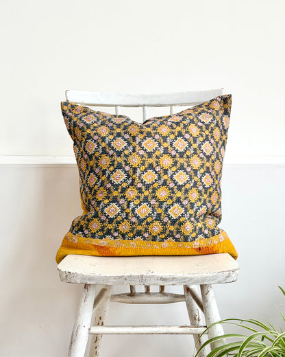 Vintage Kantha Cushion In Yellow and Blue - 45cm Square