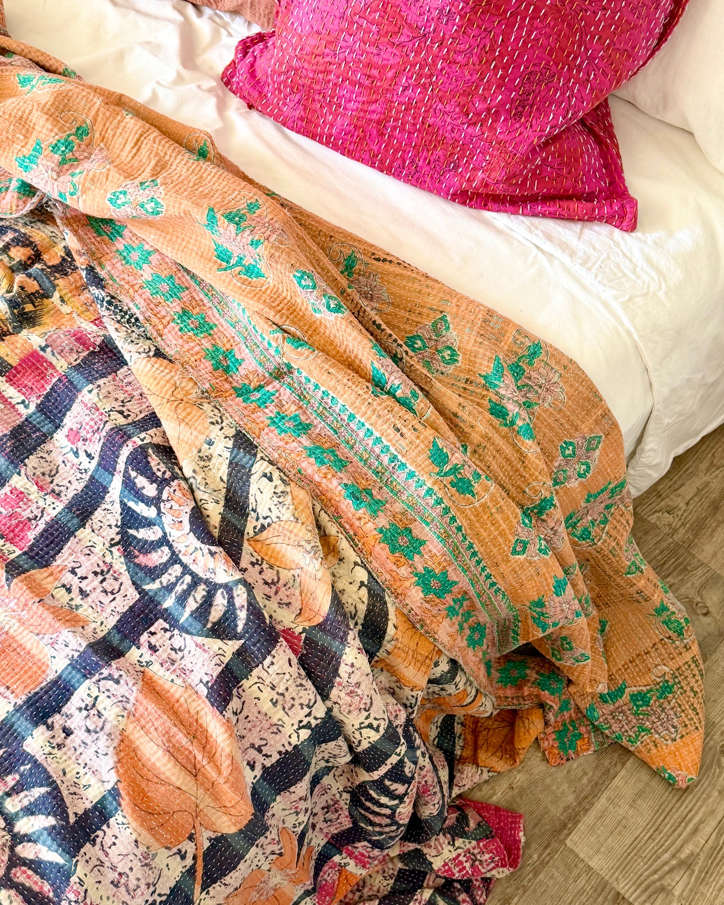 Large Textured Vintage Kantha Quilt in Pink and Blue Patterns