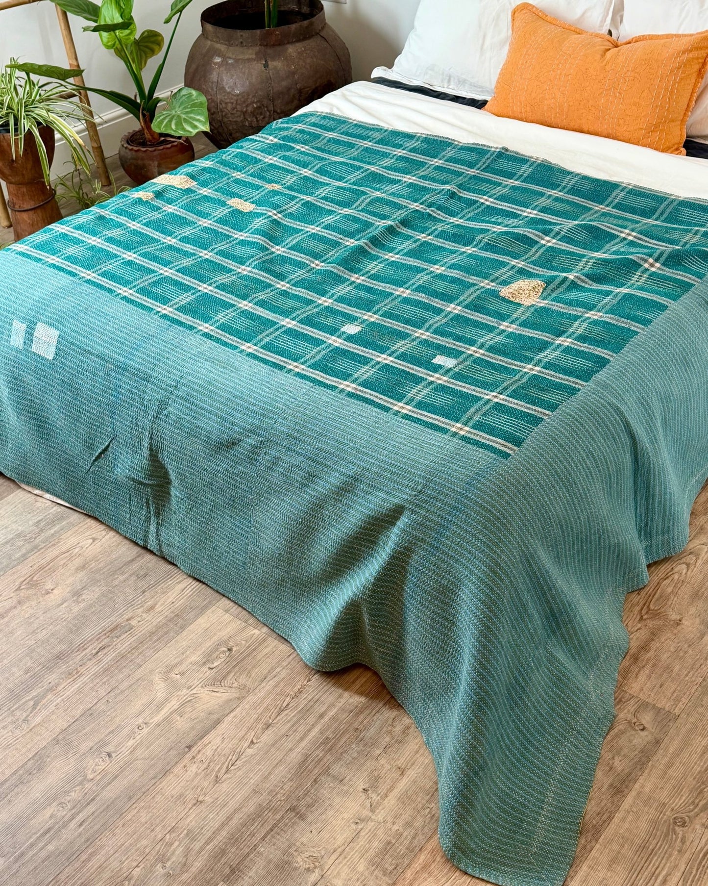 Large Fine Stitched Vintage Kantha Quilt in Diamond Pattern Yellow and Green - Biggs & Hill